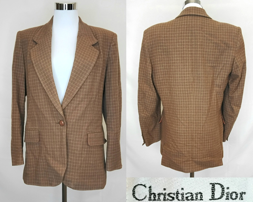 Vintage Christian Dior Blazer Women's 10 Brown Checked Plaid Wool Blend #J6040